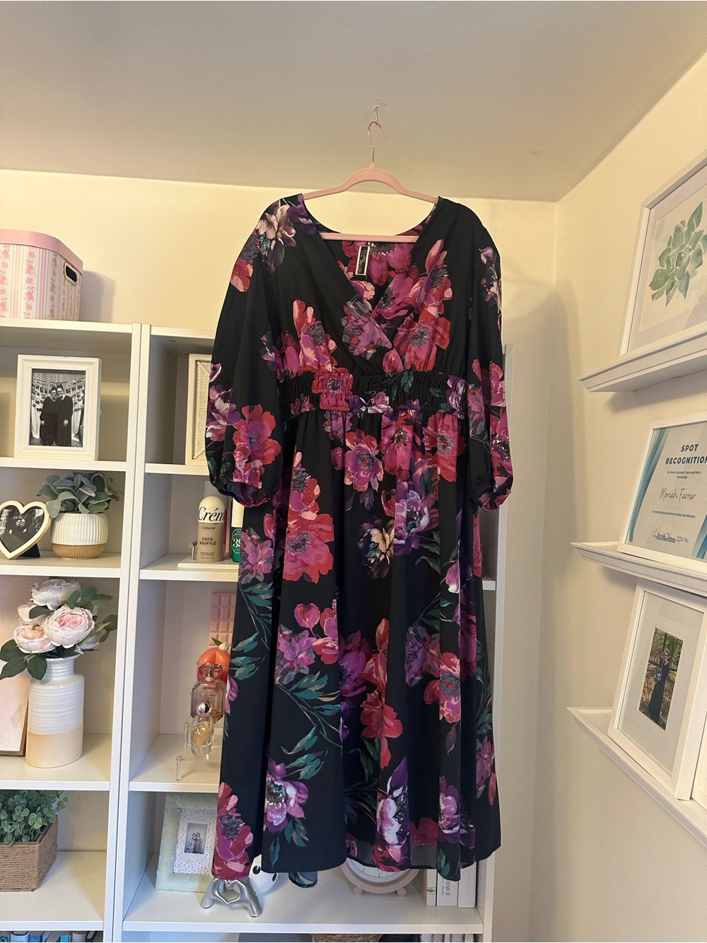 Black Floral Midi Dress with Pink & Purple Blooms